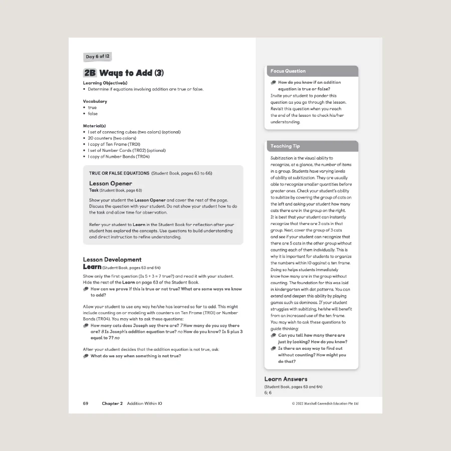 Primary Mathematics Home Instructor's Guide 1A (2022 Edition) - Blemished - Image 3