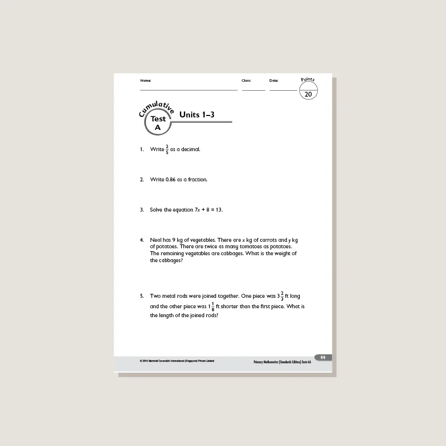 Primary Mathematics Standards Edition Tests 6A - Blemished - Image 3